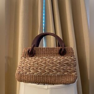 Vintage Woven Straw Handbag Wood Handle Coastal Beach Summer Tote